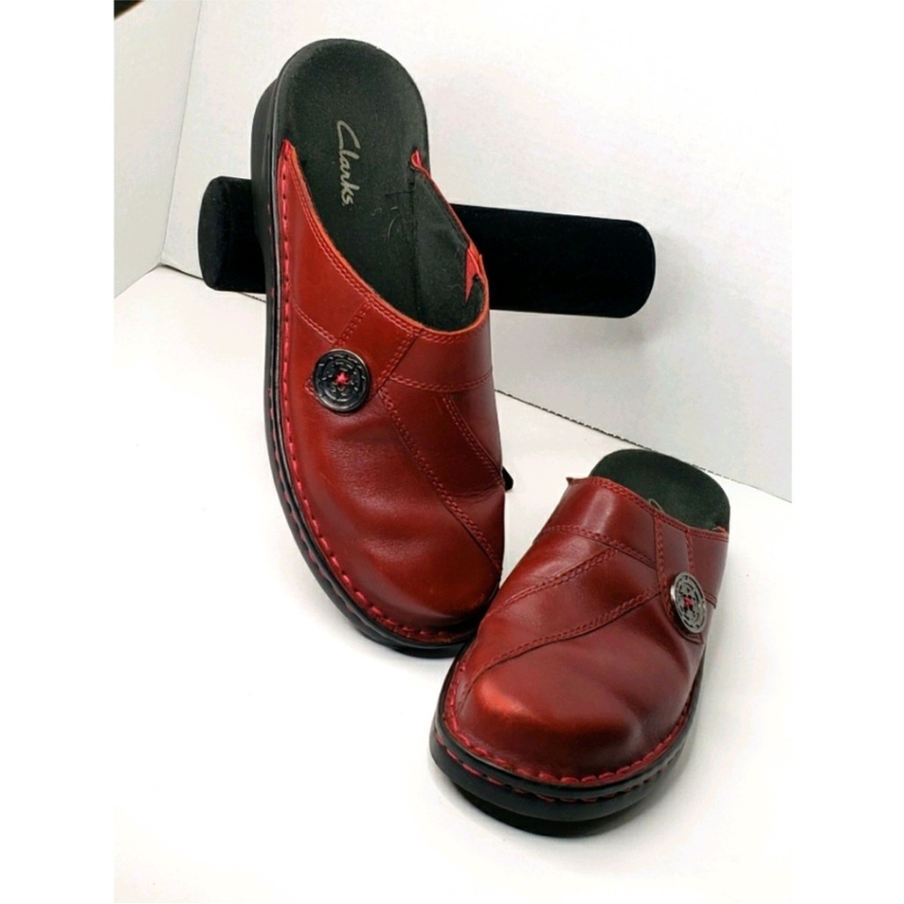 Clarks Red Leather Mules